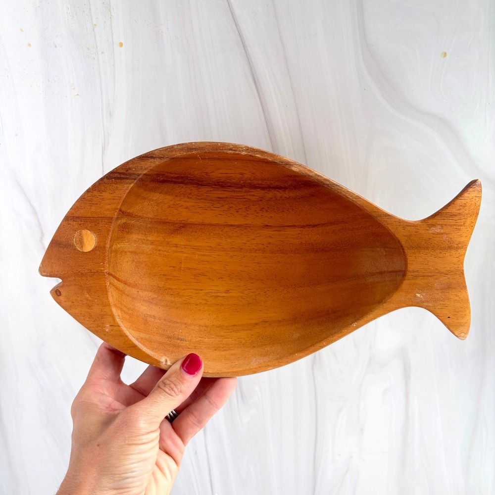 Philcraft Monkey Pod Wood Fish Shaped Serving Bowl Hand Carved Philippines MCM